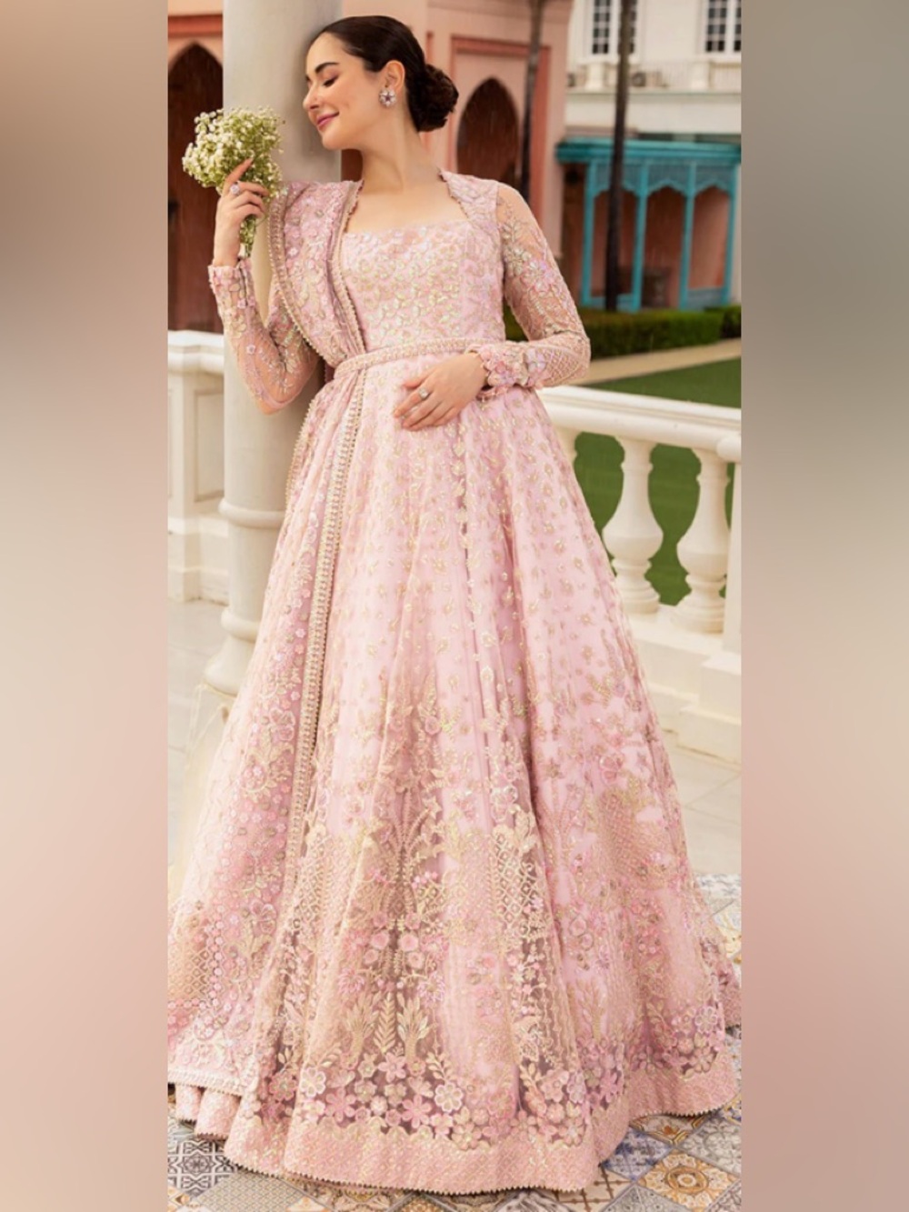 Dull peech long sleeves maxi net embroidered inspirational net gorgeous wedding